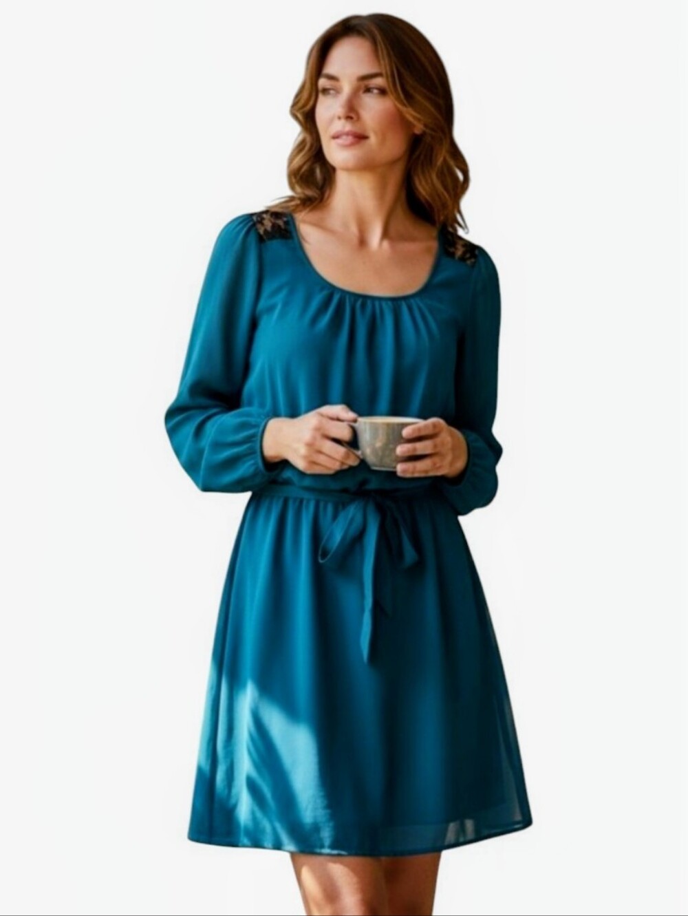 Speechless Teal Long Sleeve Round Neck Dress Black Lace Embellishments Sz. M